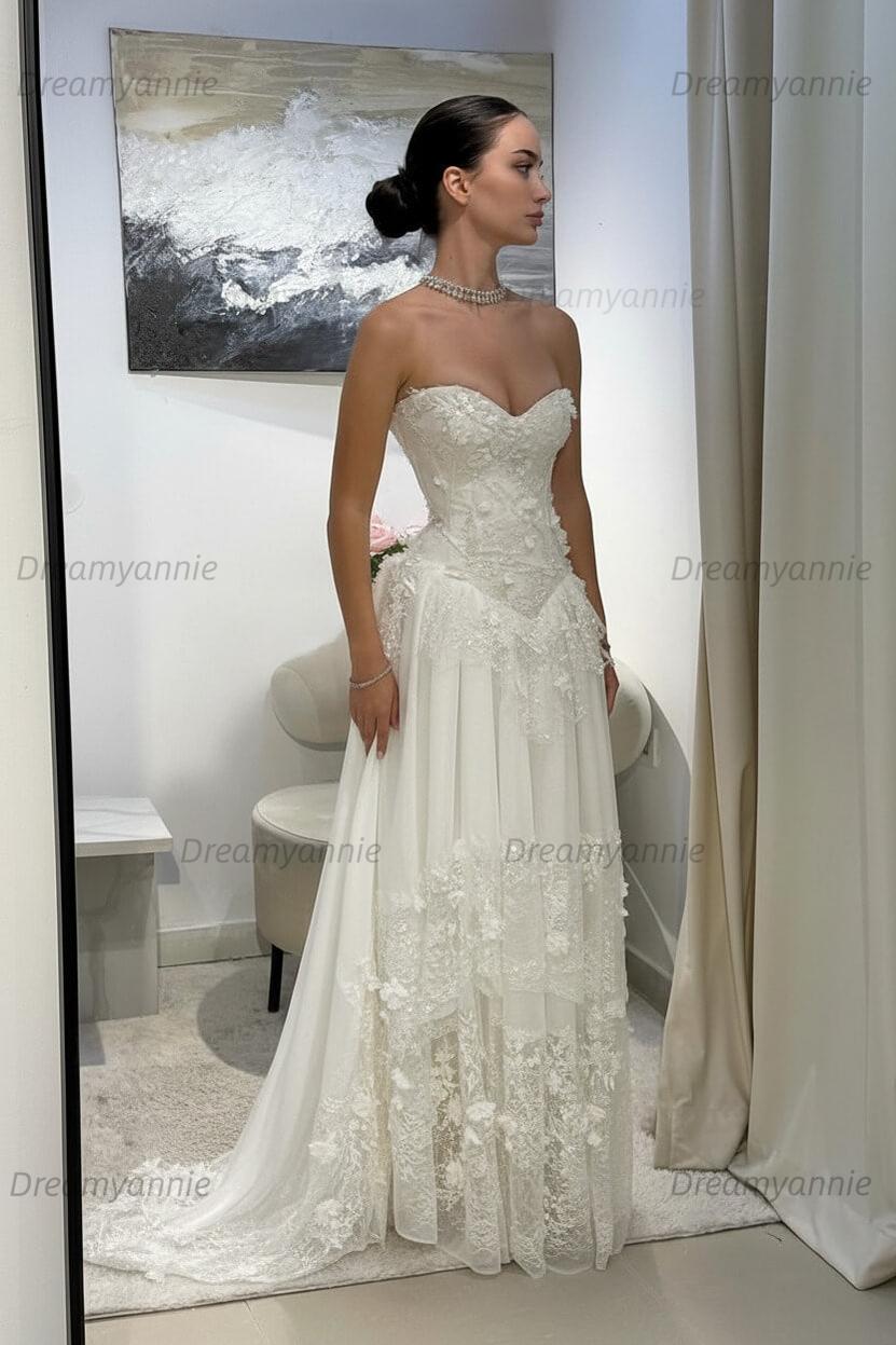 Yellow Lace A Line Prom Dress Sweetheart Lace Appliqued Formal Evening Dress with 3D Flowers