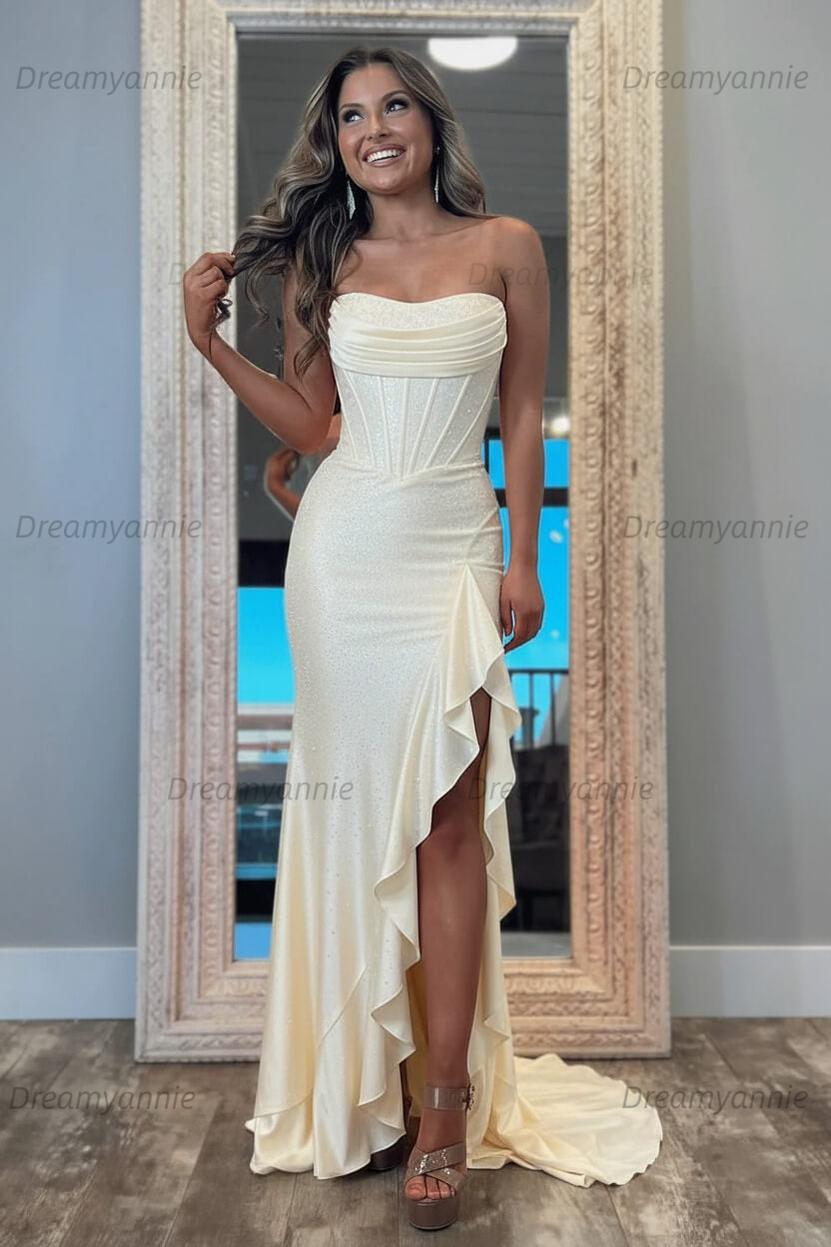 Hot Pink Beaded Prom Dress Strapless Corset Ruffled Evening Dress With Slit