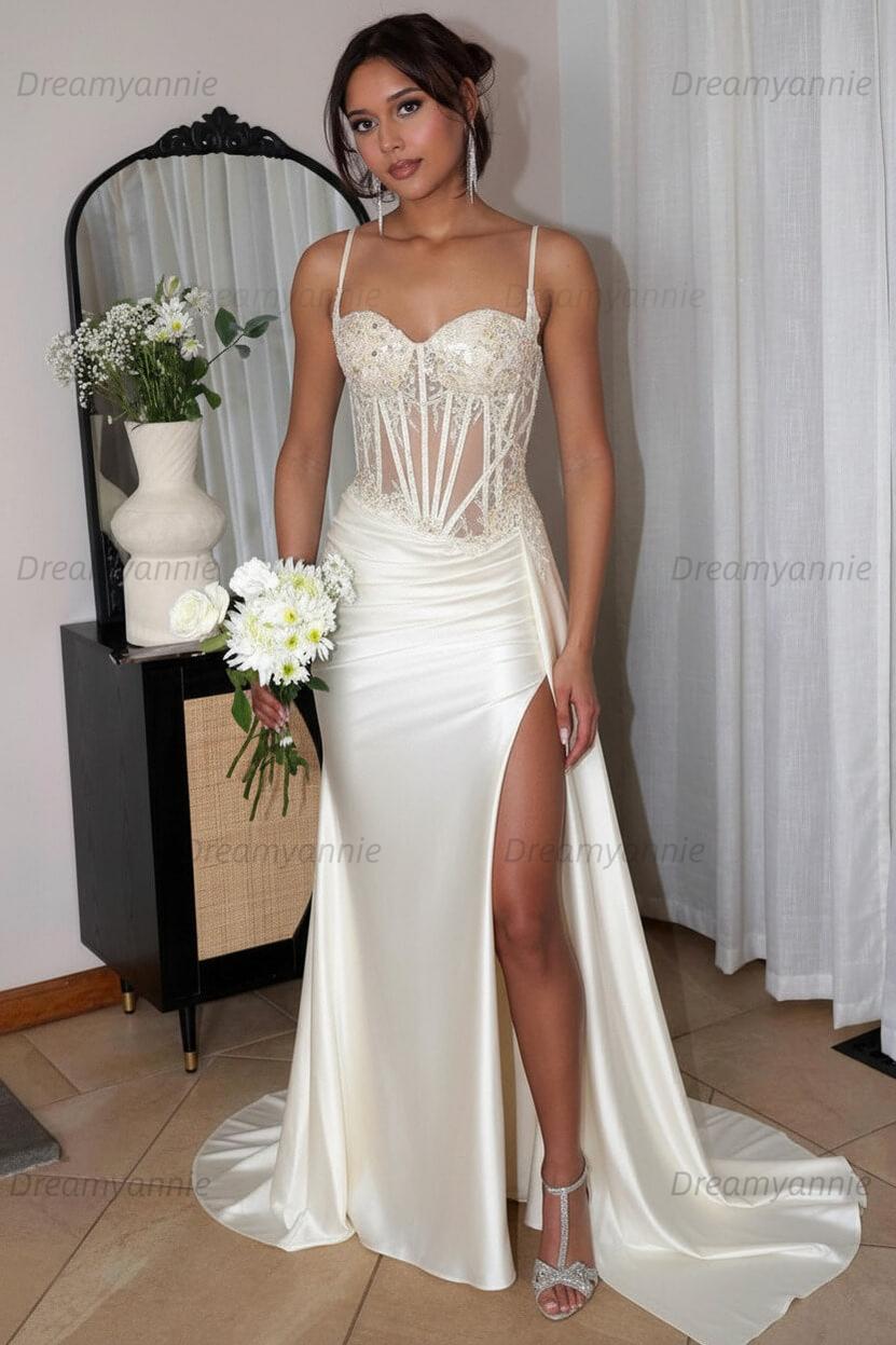 Corset Sequined Prom Dress Satin Appliqued Long Formal Dress With Slit