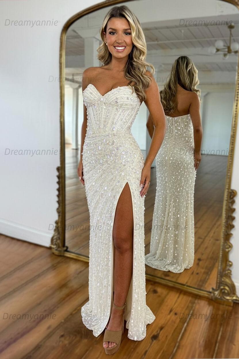 Sweetheart Mermaid Sequined Prom Dress With High Slit Skirt Evening Gown