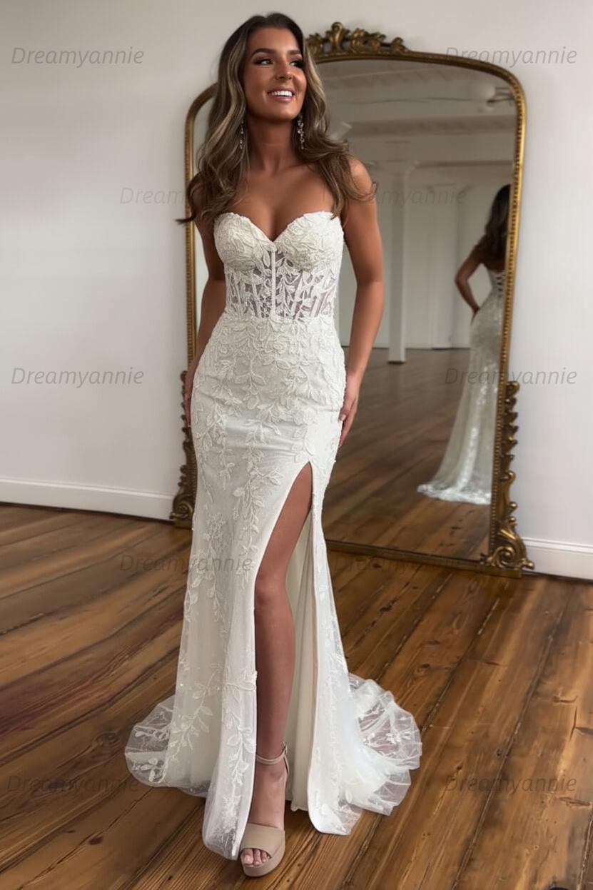 Light Blue Prom Dress Mermaid Sweetheart Corset Long Laced Evening Dress with Slit
