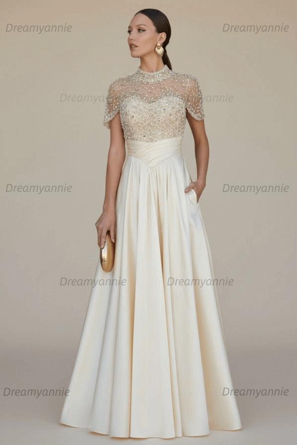 Green A Line Prom Dress Short Sleeve High Neck Beaded Evening Dress