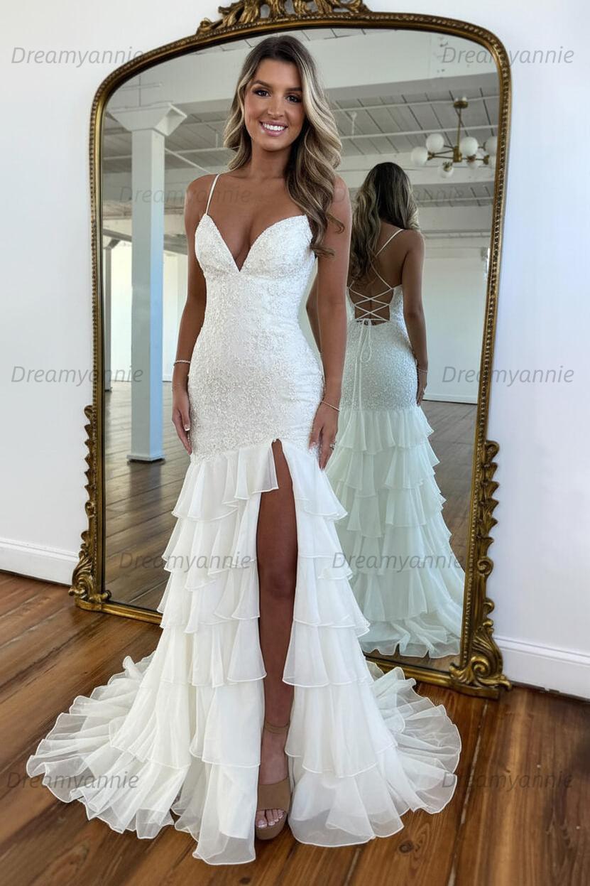 Charming Mermaid Spaghetti Straps Lace Up Long Prom Dress With Ruffle Skirt Formal Evening Gown
