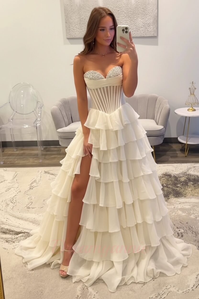 Dreamyannie Ruffled Black Prom Dress A Line Corset Long Formal Dress With Beadings