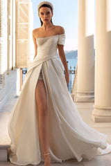 Off the shoulder Satin A-Line/Princess Beach Wedding Dresses with Sequins Split Front