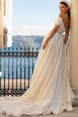 Off the shoulder Satin A-Line/Princess Beach Wedding Dresses with Sequins Split Front