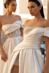 Off the shoulder Satin A-Line/Princess Beach Wedding Dresses with Sequins Split Front