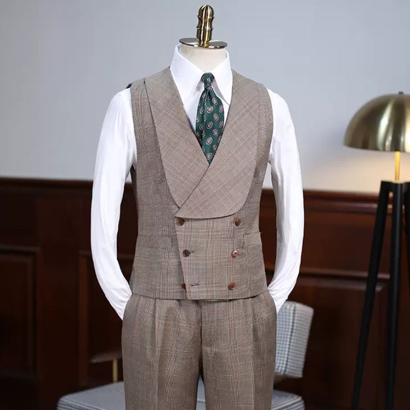 Khaki Plaid Notched Lapel Three Piece Prom Suit