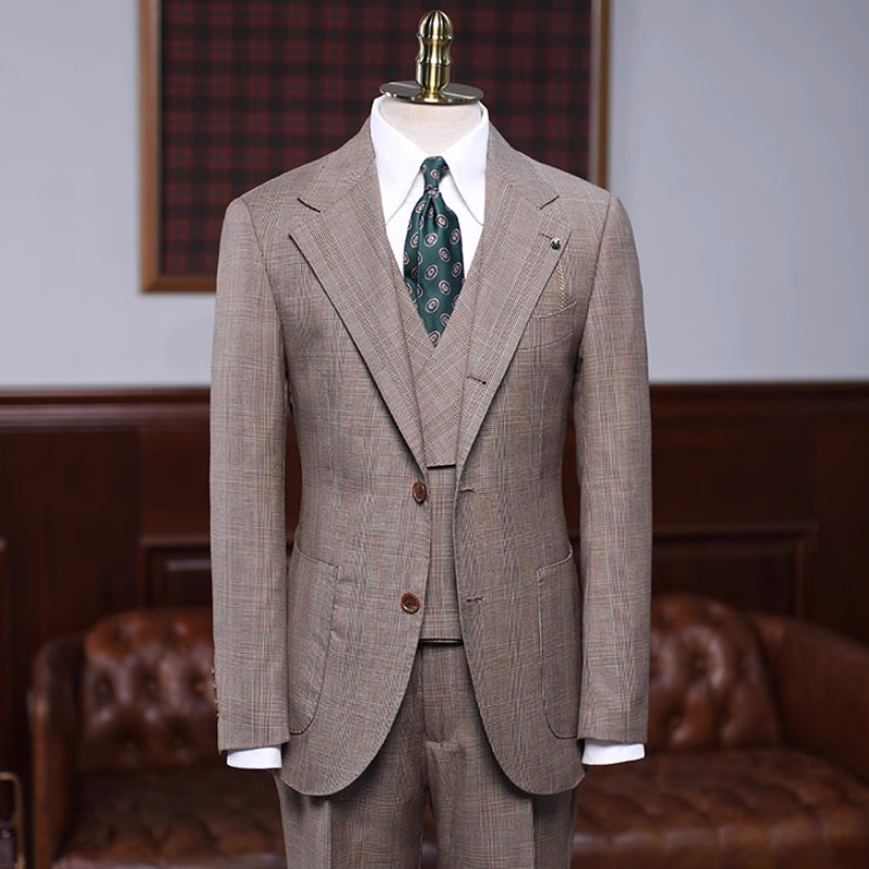 Khaki Plaid Notched Lapel Three Piece Prom Suit