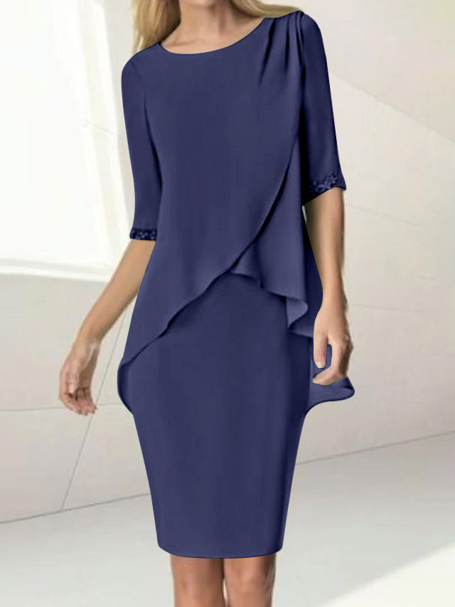 Knee-Length Beaded Sheath Dress with Ruching for the Mother of the Bride