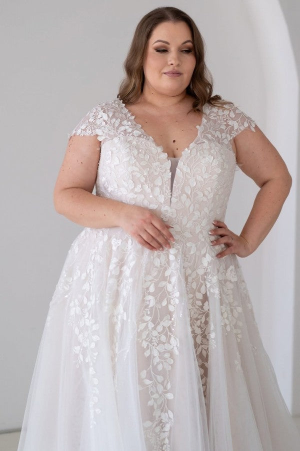 Lace A Line Wedding Dress with Cap Sleeves and Lace-Up Back