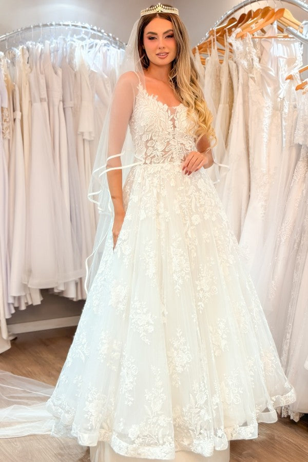 Lace A Line Wedding Dress with Spaghetti Straps and Open Back