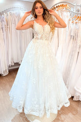 Lace A Line Wedding Dress with Spaghetti Straps and Open Back