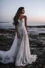 Lace Appliqued Beach Wedding Dress Tulle Off The Shoulder Bridal Gown