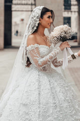 Lace Ball Gown Wedding Dress with 3D Flowers and Off Shoulder Sleeves