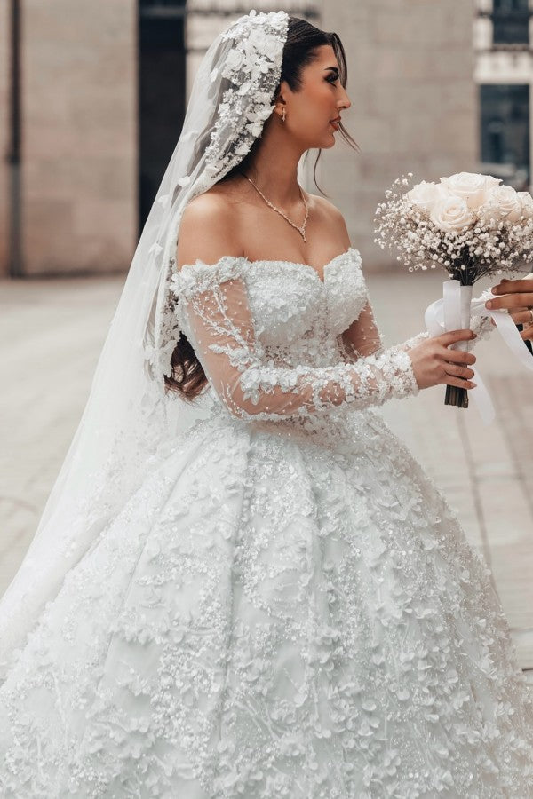 Lace Ball Gown Wedding Dress with 3D Flowers and Off Shoulder Sleeves