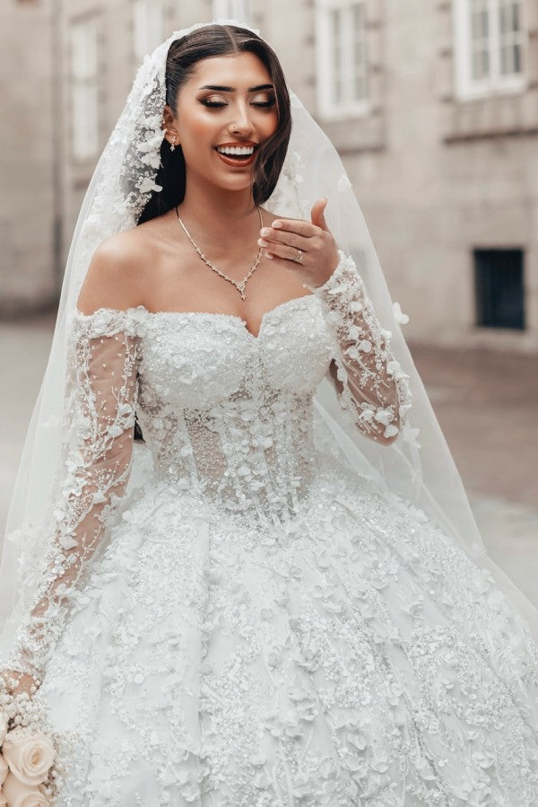 Lace Ball Gown Wedding Dress with 3D Flowers and Off Shoulder Sleeves