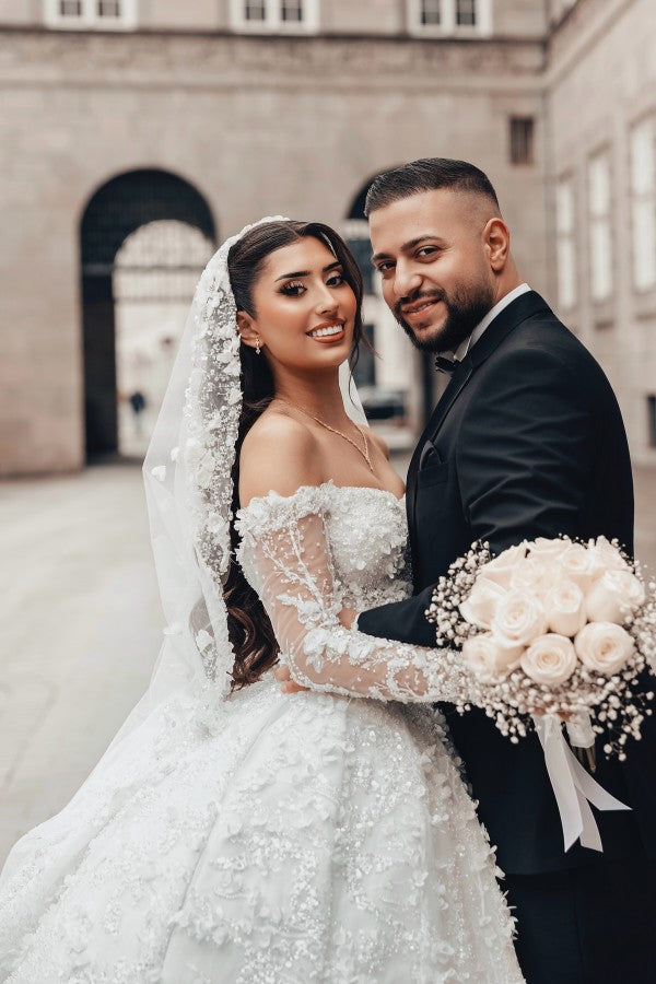 Lace Ball Gown Wedding Dress with 3D Flowers and Off Shoulder Sleeves