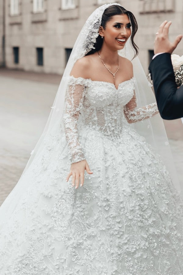 Lace Ball Gown Wedding Dress with 3D Flowers and Off Shoulder Sleeves