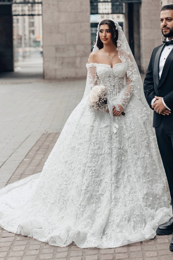 Lace Ball Gown Wedding Dress with 3D Flowers and Off Shoulder Sleeves