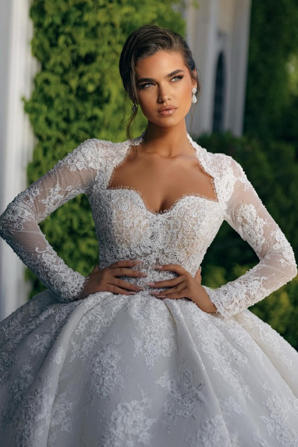 Lace Ball Gown Wedding Dress with Long Sleeves and Keyhole Back