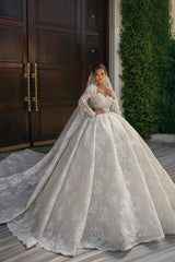 Lace Ball Gown Wedding Dress with Long Sleeves and Keyhole Back