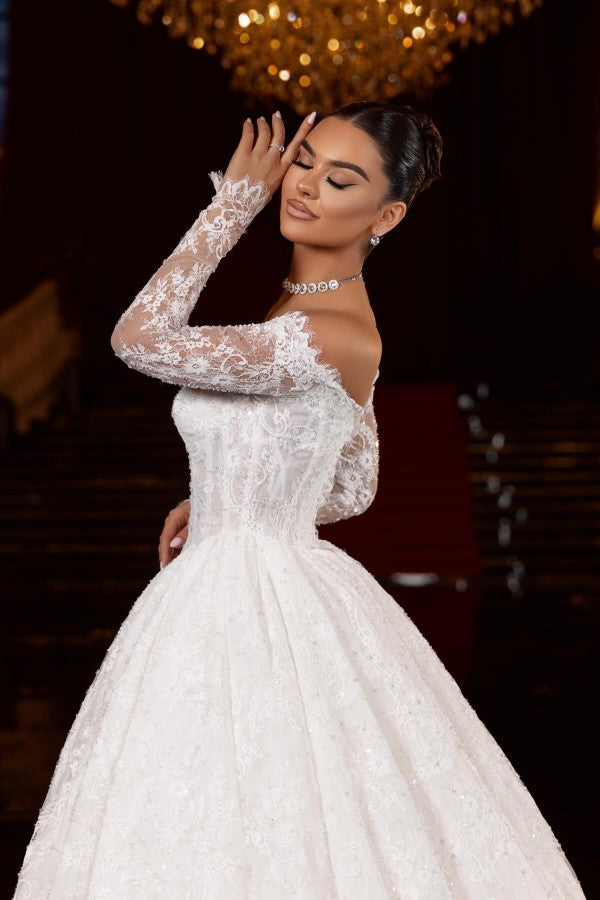 Lace Ball Gown Wedding Dress with Off Shoulder Long Sleeves