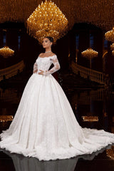 Lace Ball Gown Wedding Dress with Off Shoulder Long Sleeves