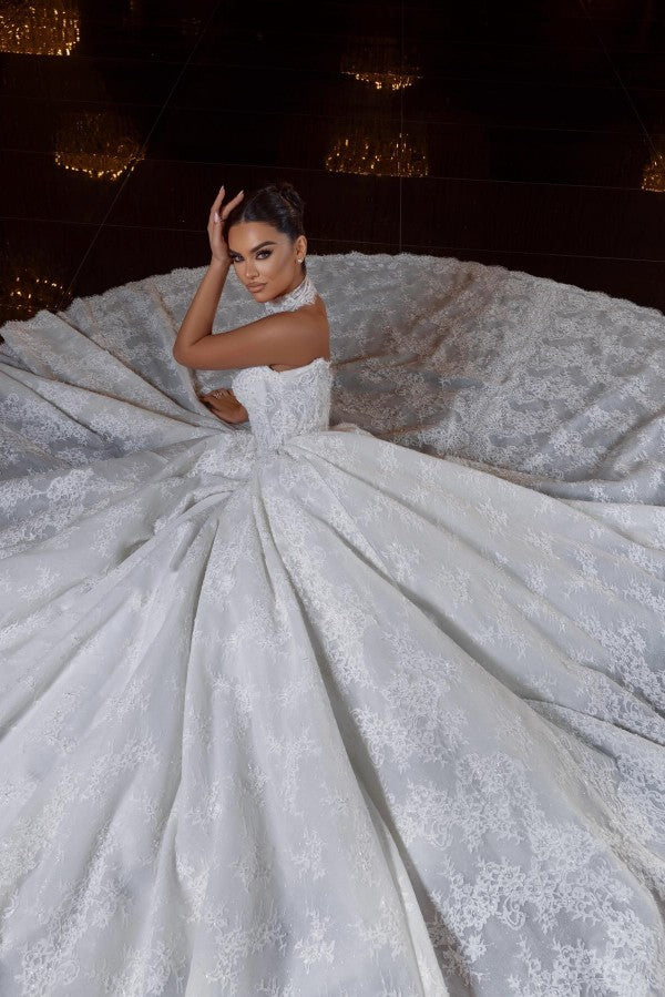 Lace Ball Gown Wedding Dress with Sweetheart Corset Bodice and Scalloped Hem