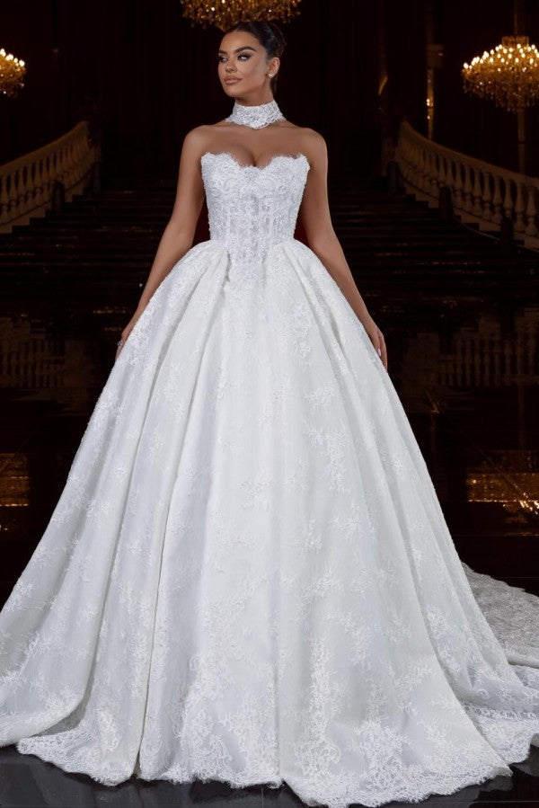 Lace Ball Gown Wedding Dress with Sweetheart Corset Bodice and Scalloped Hem