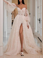 Lace Beach Wedding Dress With Detachable Sleeve