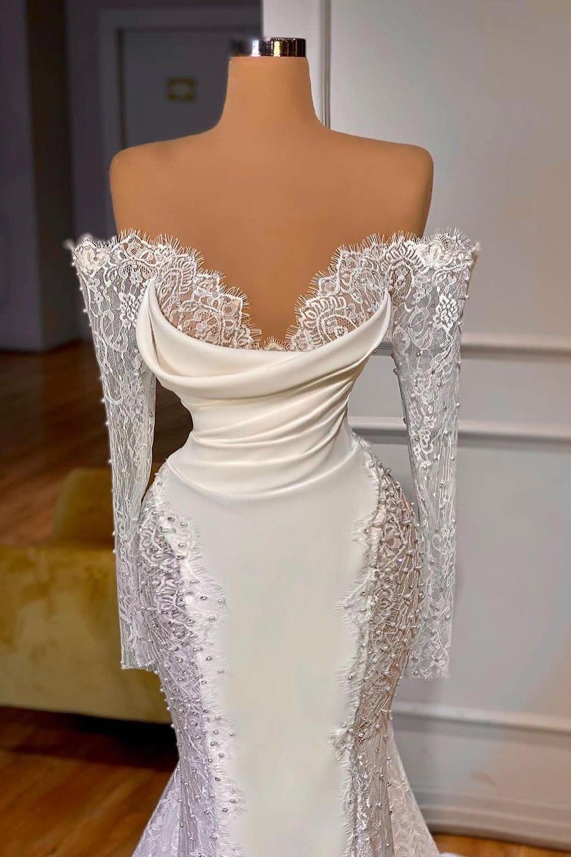 Lace Long Sleeves Off The Shoulder Trumpet Mermaid Wedding Dresses With Pearl