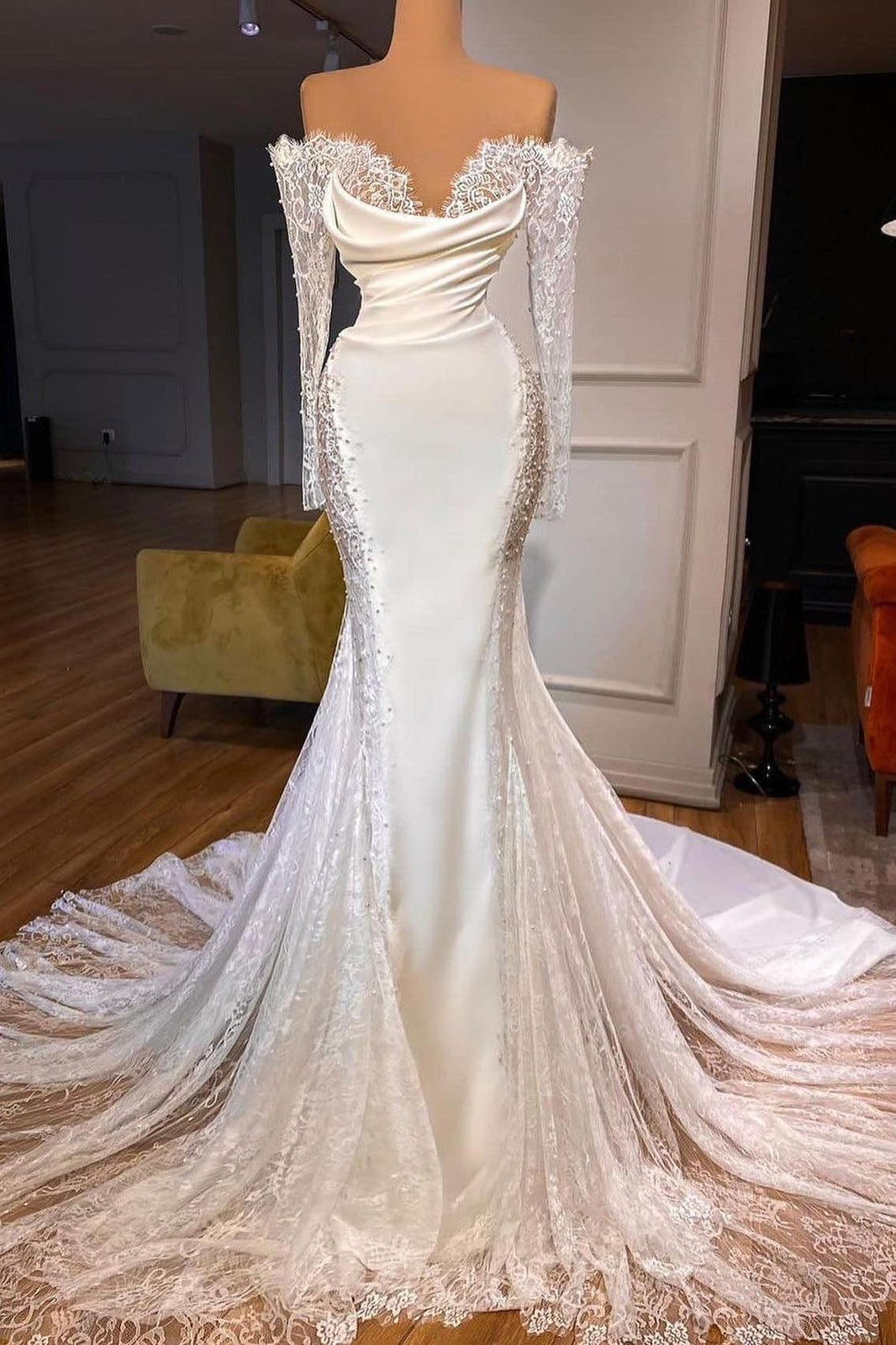 knee length dresses for ladies Dreamyannie Women Wedding Dress Lace Long Sleeves Off The Shoulder Trumpet  Mermaid Bridal Dress With Pearl – Dreamyannie UK
