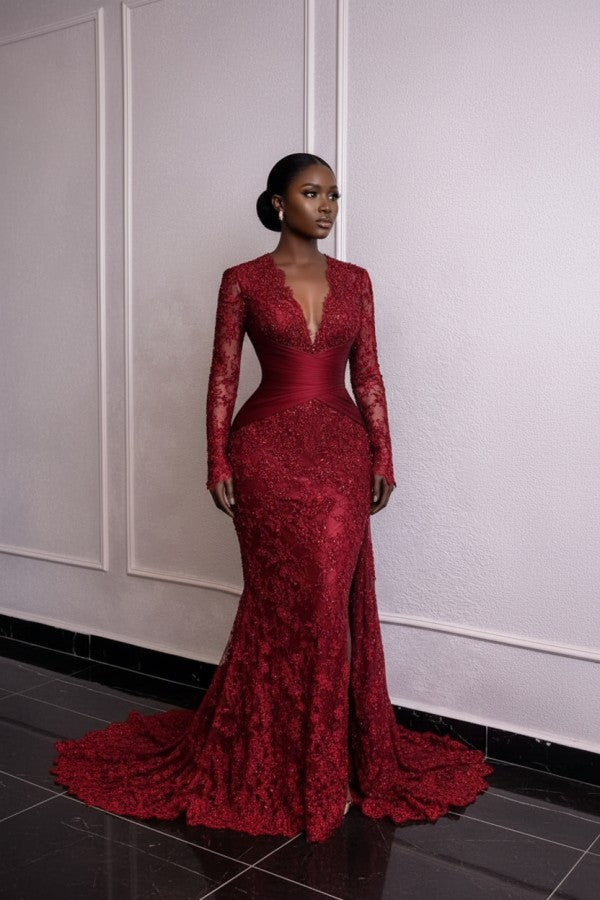 Lace Mermaid Formal Dress with Pleated Waist and V Neck