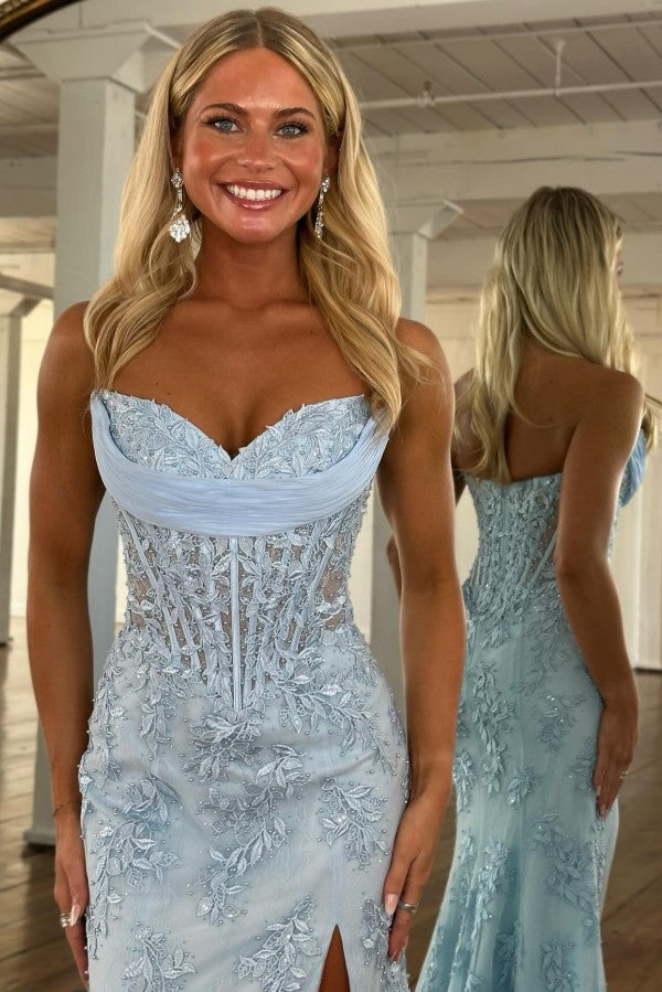 Lace Mermaid Prom Dress with Corset Bodice and Side Slit