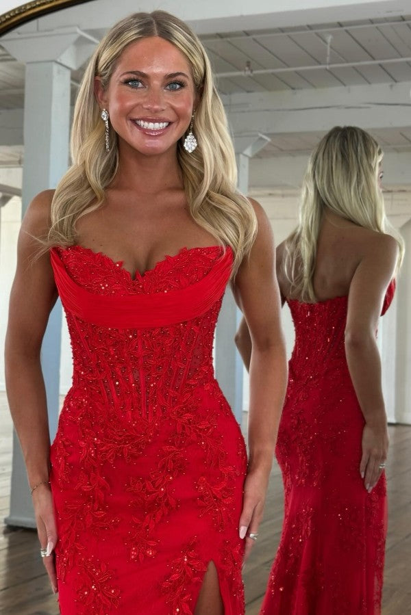 Lace Mermaid Prom Dress with Corset Bodice and Side Slit