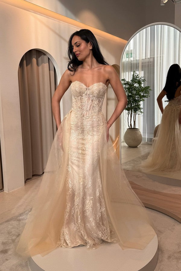 Lace Mermaid Prom Dress with Detachable Overskirt and Corset Bodice
