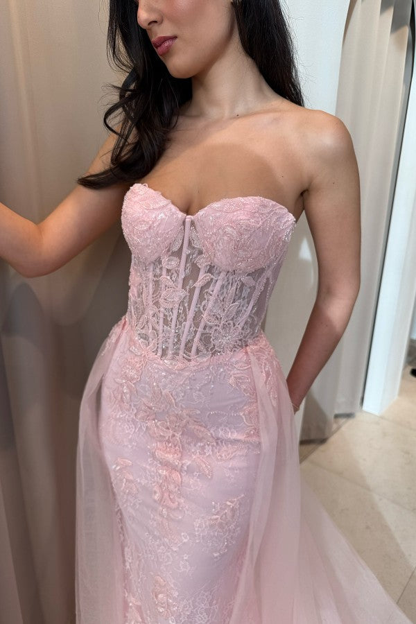 Lace Mermaid Prom Dress with Detachable Overskirt and Corset Bodice