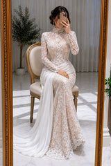 Lace Mermaid Prom Dress with High Neck and Long Sleeves
