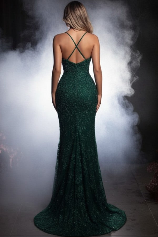 Lace Mermaid Prom Dress with Plunging V Neck and Crisscross Straps