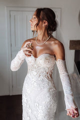 Lace Mermaid Wedding Dress with Detachable Long Sleeves Sweetheart Strapless Bridal Gown