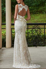 Lace Sheath/Column V-neck Beach Wedding Dresses With Bow(s) Sweep Train