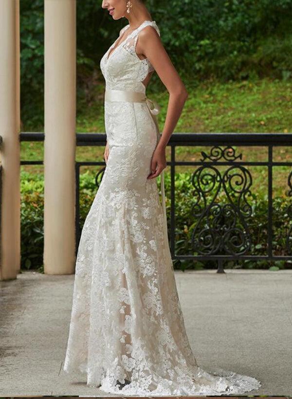 Lace Sheath/Column V-neck Beach Wedding Dresses With Bow(s) Sweep Train