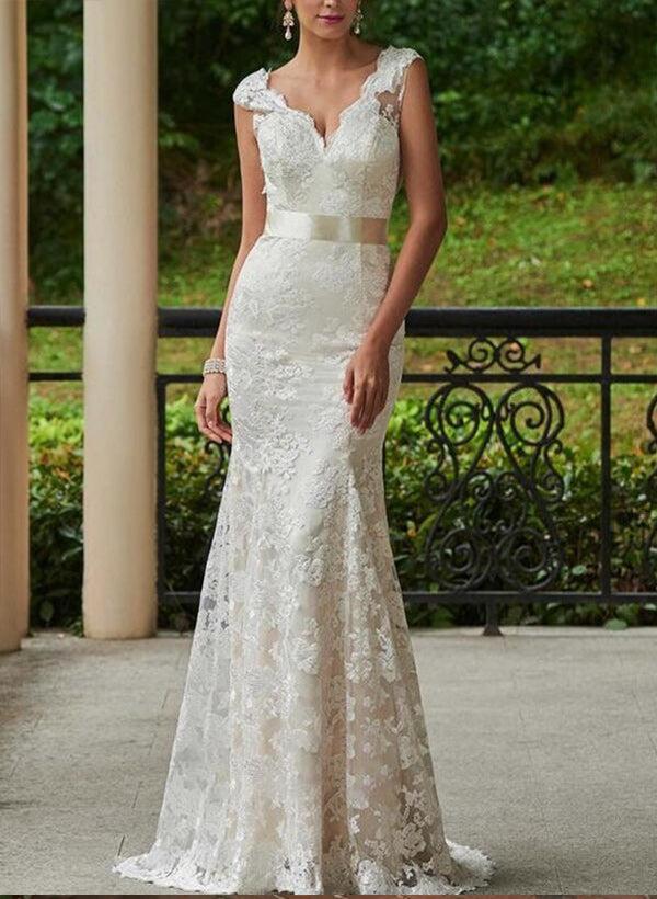 Lace Sheath/Column V-neck Beach Wedding Dresses With Bow(s) Sweep Train