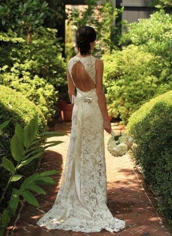 Lace Sheath/Column V-neck Beach Wedding Dresses With Bow(s) Sweep Train