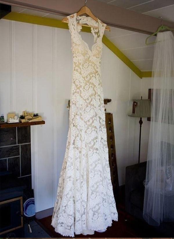 Lace Sheath/Column V-neck Beach Wedding Dresses With Bow(s) Sweep Train