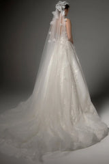 Lace Tulle A-Line Wedding Dress with V-Neck and 3D Flowers