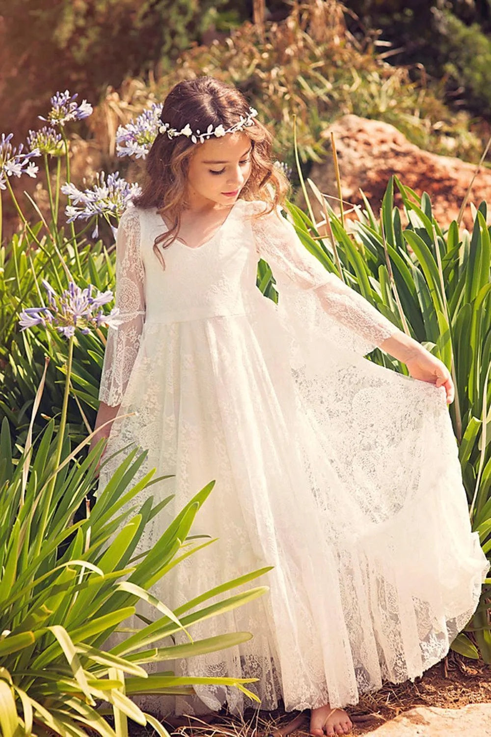 Lace V Neck Long Sleeve Princess Flower Girl Dress