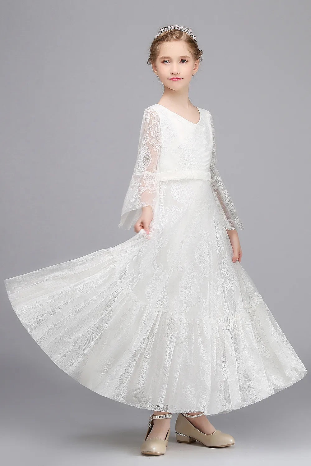 Lace V Neck Long Sleeve Princess Flower Girl Dress