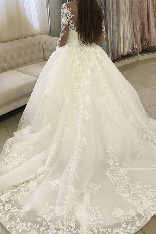 Lace Wedding Dresses: Ball-Gown Style with V-neck Long Sleeves Court Train and Appliques